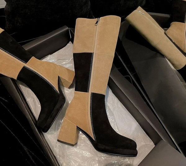 Women Fashion Suede Color Patchwork Knee High Boots