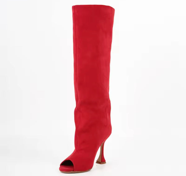 Women Suede Open Toe Fashion High Heel Knee Length Boots