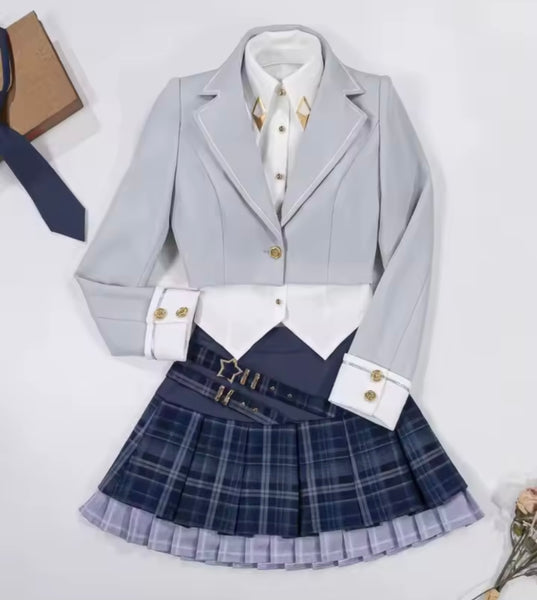 Women Fashion Plaid Three Piece Pleated Skirt Set