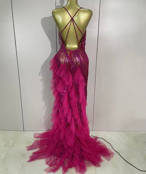 Women Halter Sleeveless Ruffle Rhinestone Tassel Maxi Dress