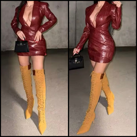 Women Sexy Burgundy V-Neck Full Sleeve Faux Leather Ruched Dress