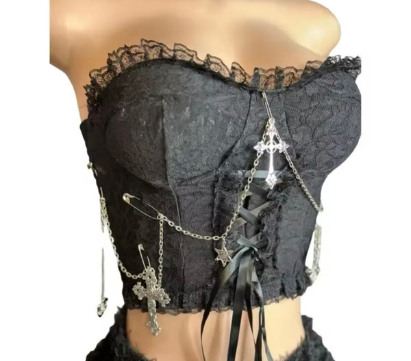 Women Sexy Strapless Cross Chain Lace Fringe Two Piece Skirt Set