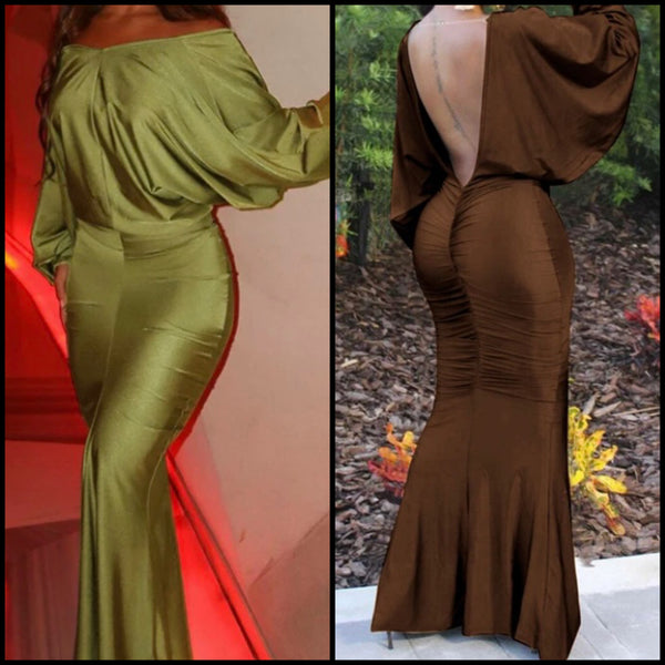 Women Sexy Solid Color Open Back Full Sleeve Maxi Dress