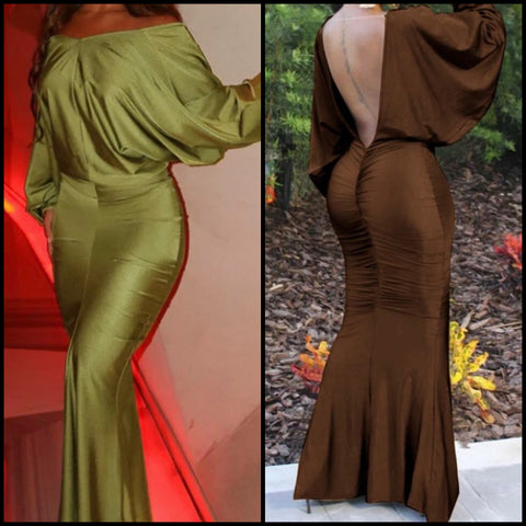 Women Sexy Solid Color Open Back Full Sleeve Maxi Dress
