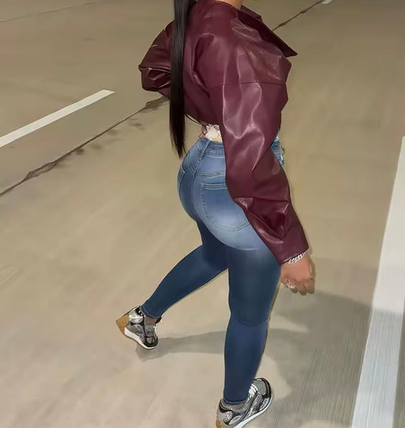 Women Fashion Burgundy PU Leather Button Crop Jacket