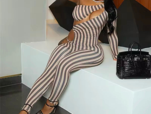 Women Sexy Striped One Shoulder Full Sleeve Cut Out Jumpsuit