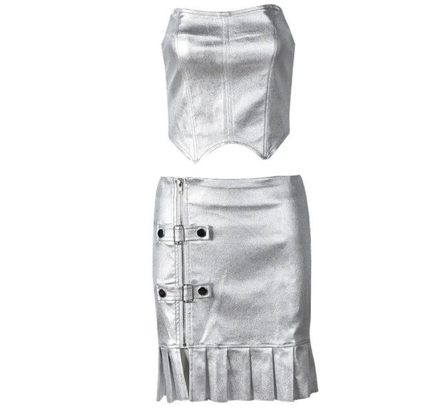 Women Sexy Silver Strapless Two Piece Pleated Skirt Set