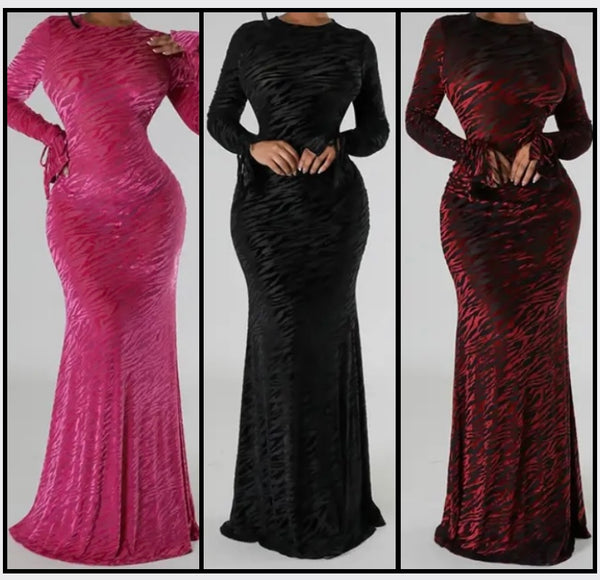 Women Sexy Mesh Patchwork Full Sleeve Open Back Velour Maxi Dress