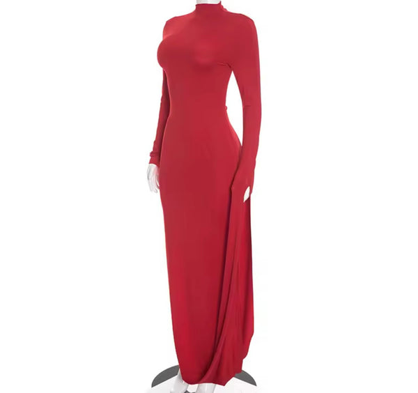 Women Sexy Red Asymmetrical Full Sleeve Maxi Dress