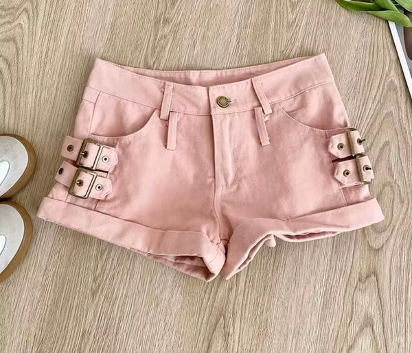 Women Fashion Color Buckled Denim Shorts