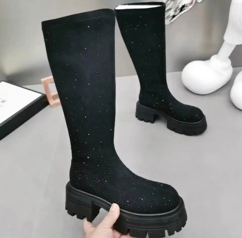 Women Fashion Suede Bling Knee High Boots