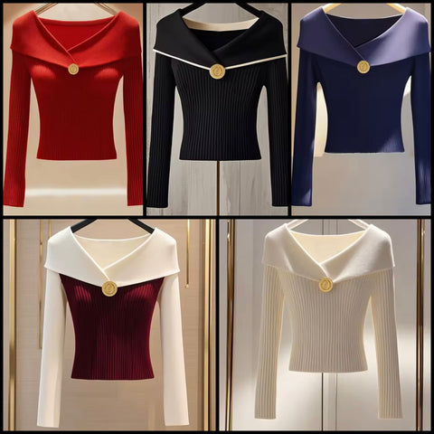 Women Fashion Ribbed Full Sleeve Knitted Sweater Top