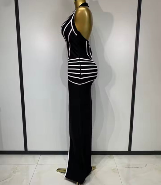 Women Sexy B&W Striped Halter Sleeveless Front Split Maxi Dress