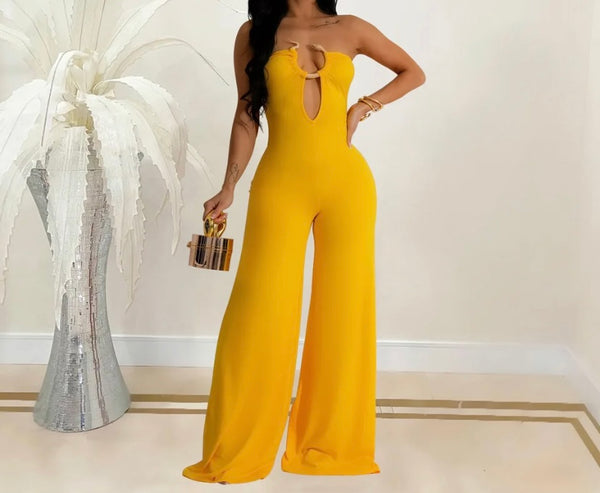 Women Sexy Strapless Metal V-Neck Wide Leg Jumpsuit