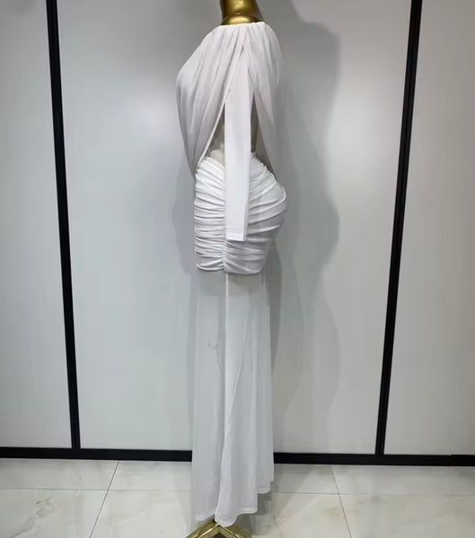 Women Off The Shoulder Ruched Full Sleeve Sexy Maxi Dress