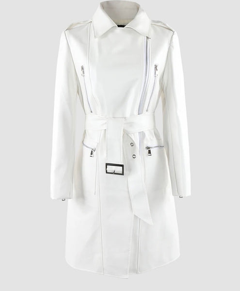 Women White Fashion Faux Leather Belted Jacket