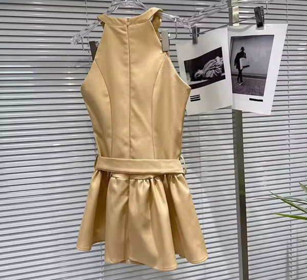 Women Khaki Button Sleeveless Belted Dress