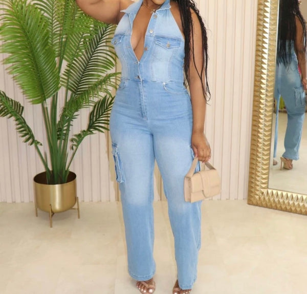 Women Sexy Fashion Button Up Halter Cargo Denim Jumpsuit