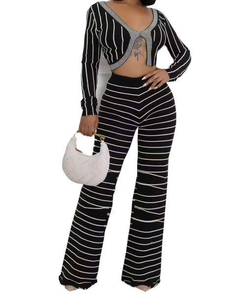 Women B&W Striped Fashion Full Sleeve Two Piece Pant Set