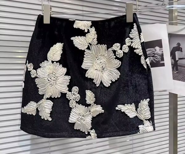 Women Floral Sleeveless Fringe Two Piece Velour Skirt Set