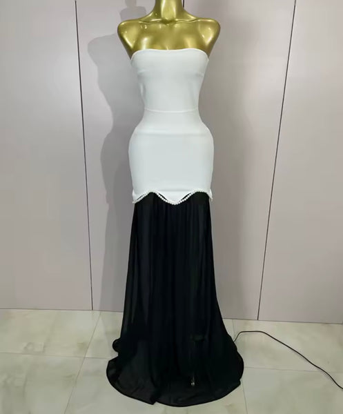 Women Sexy Strapless B&W Pearl Mesh Maxi Dress