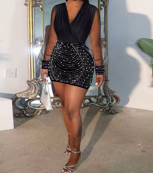 Women Sexy Ruched Beaded Bling Mesh Full Sleeve Dress