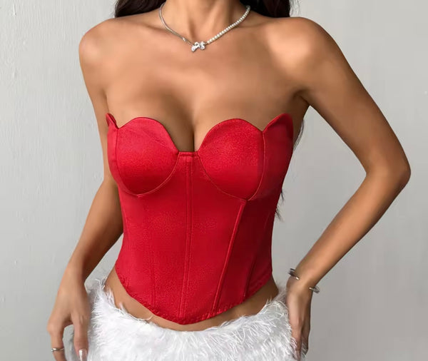 Women Sexy Red Heart Strapless Satin Corset Top