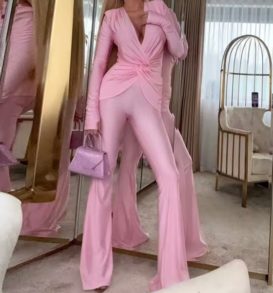 Women Solid Color Ruched Full Sleeve Two Piece Pant Set