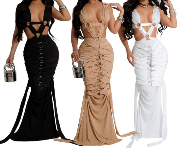 Women Sexy Sleeveless Mesh Lace Up Open Back Maxi Dress