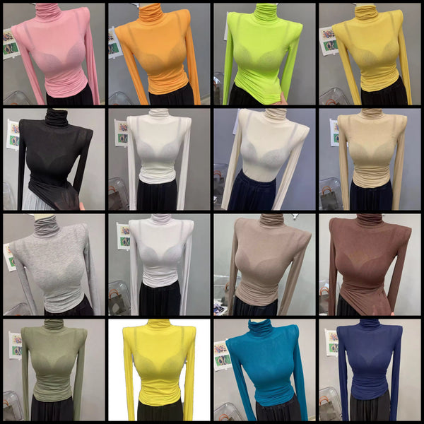 Women Fashion Turtleneck Full Sleeve Mesh Top