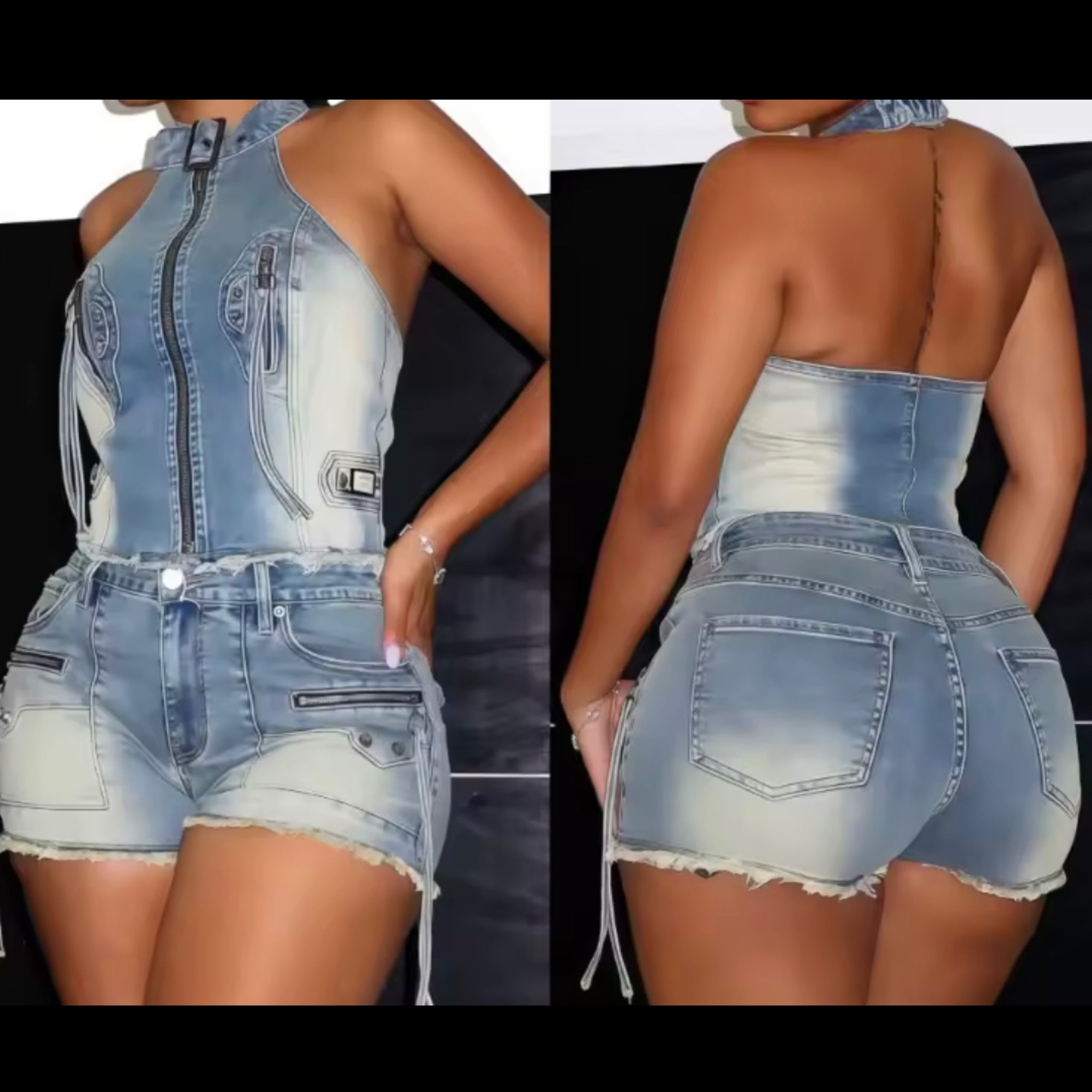 Women Halter Sleeveless Zip Up Denim Two Piece Short Set