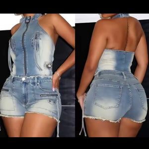 Women Halter Sleeveless Zip Up Denim Two Piece Short Set