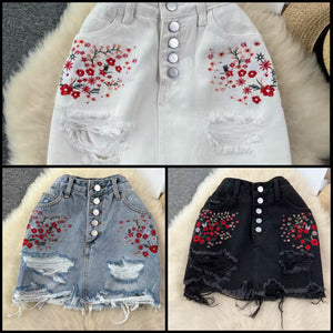 Women Fashion Embroidered Floral Ripped Denim Skirt