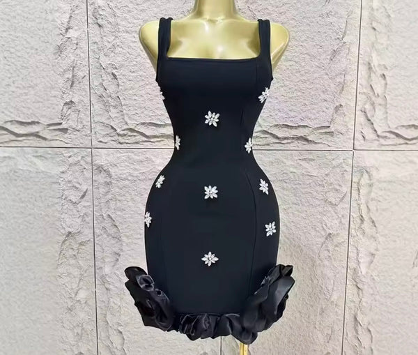 Women Sexy Sleeveless Ruffled Rhinestone Dress