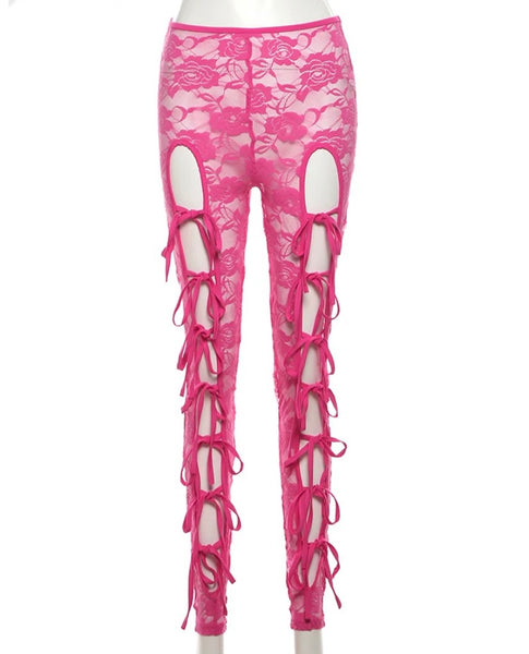 Women Sexy Cut Out Tie Up Three Piece Lace Pant Set