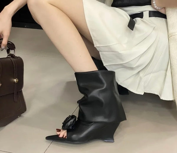 Women Fashion Pointed Open Toe Rose Platform Wedge Ankle Boots