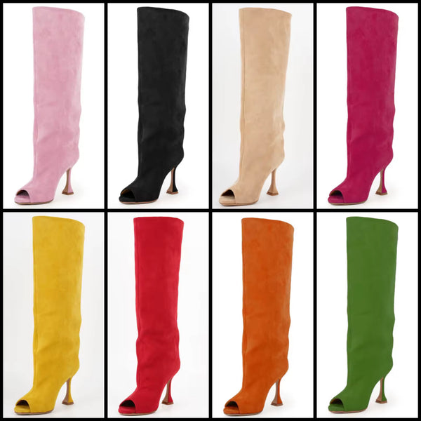 Women Suede Open Toe Fashion High Heel Knee Length Boots