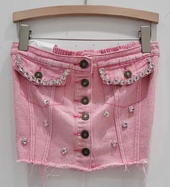 Women Fashion Button Up Strapless Pink Rhinestone Denim Crop Top