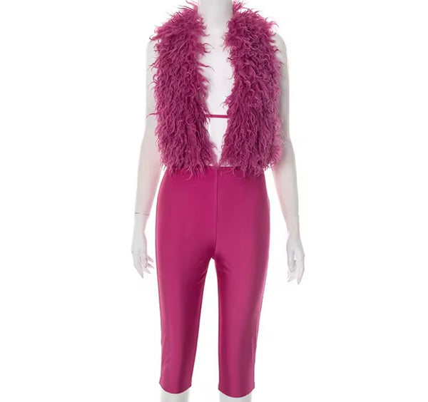 Women Sexy Halter Sleeveless Fur Two Piece Capri Pant Set