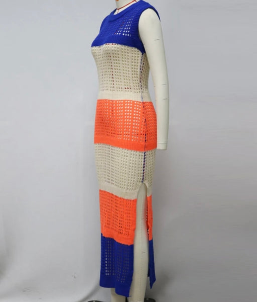 Women Sexy Sleeveless Color Patchwork Knitted Maxi Dress