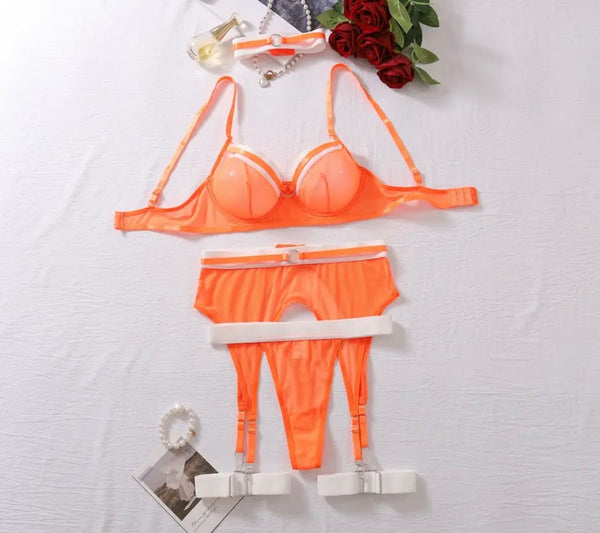Women Sexy Orange/White Choker Mesh Lingerie Set