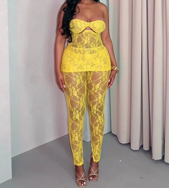 Women Sexy Yellow Sleeveless Lace Two Piece Pant Set