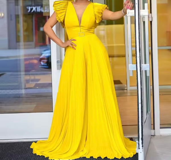 Women Color Short Sleeve Sexy Pleated Jumpsuit