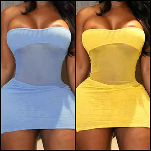 Women Sexy Strapless Mesh Patchwork Knitted Dress