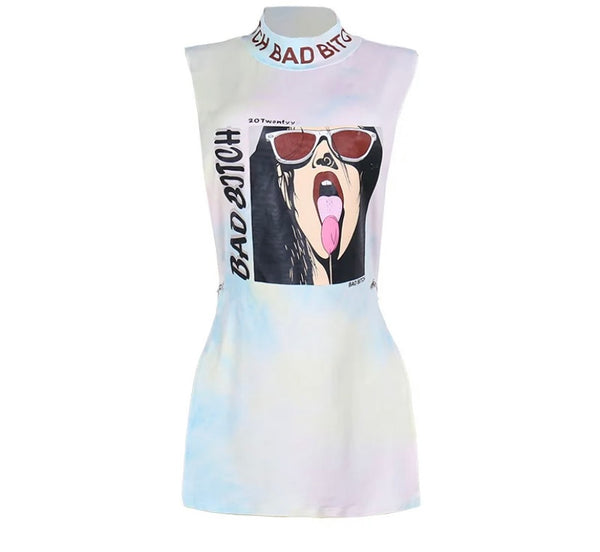 Women Sexy Sleeveless Safety Pin Bad B T-Shirt Dress