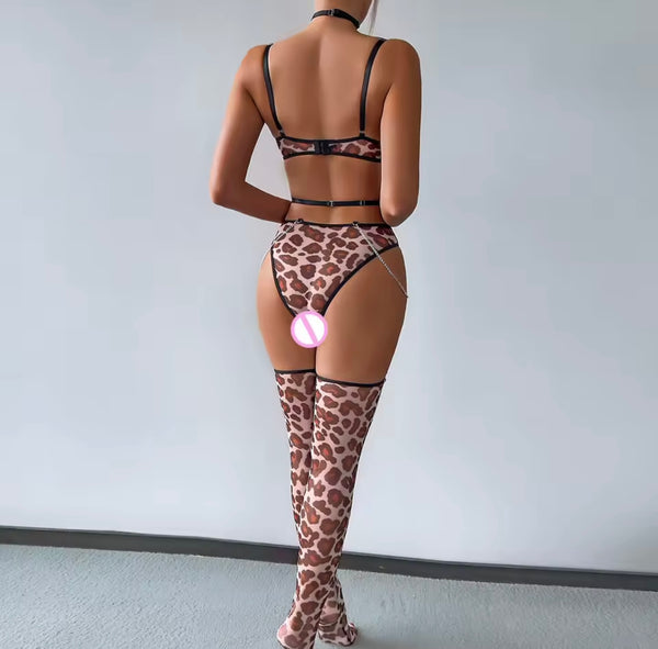 Women Sexy Choker Leopard Print Mesh Bodysuit Lingerie Set