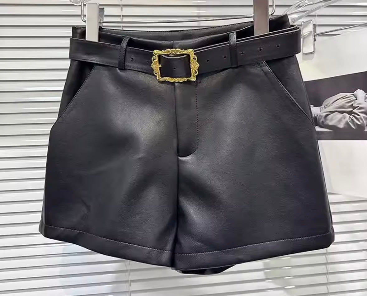 Women Fashion Belted Faux Leather Shorts