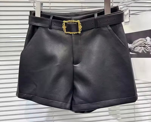 Women Fashion Belted Faux Leather Shorts