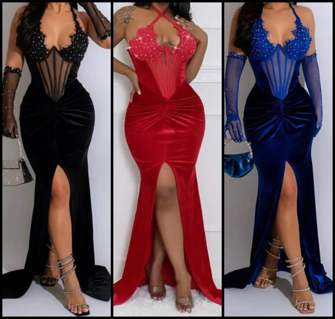 Women Sexy Halter Sleeveless Bling Mesh Patchwork Glove Velour Maxi Dress