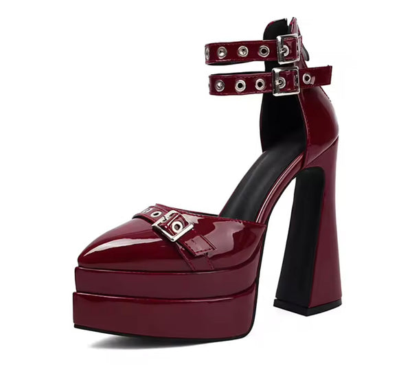 Women Pointed Toe Platform Patent Leather Ankle Strap High Heels